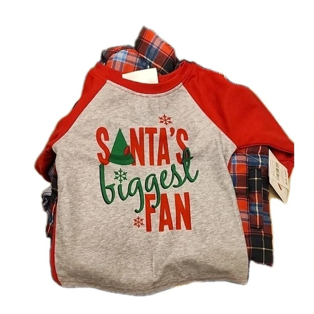 PJ's + Pancakes Shirt Infant 12m Red Gray Santa's Biggest‎ Fan Long Sleeve Tee